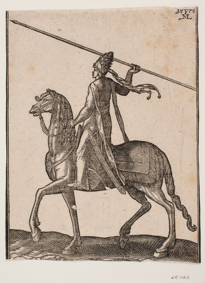 Soldado montado, perfil para a esquerda; em sua mão, há uma longa lança levantada, como se estivesse no ato de jogá-la de Melchior Lorck