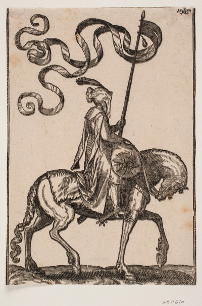 Porta-estandarte montado, perfil para a direita; o padrão é bicaudal; o cavaleiro está desarmado; nas costas do cavalo à sua frente, há um saco em forma de salsicha para transportar bagagem de Melchior Lorck