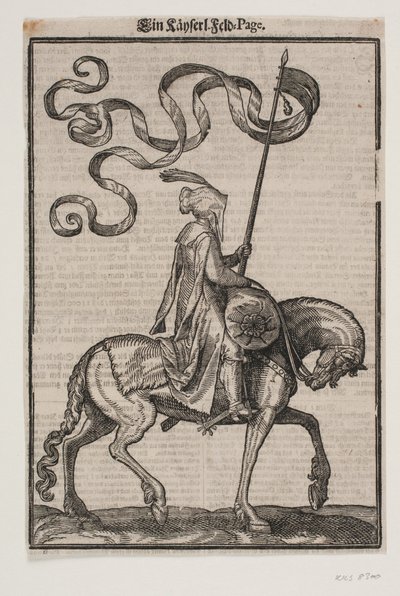 Porta-estandarte montado, perfil para a direita; o padrão é bicaudal; o cavaleiro está desarmado; nas costas do cavalo à sua frente, há um saco em forma de salsicha para transportar bagagem de Melchior Lorck