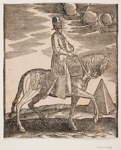 Cavaleiro com cantil no pescoço, perfil para a direita; uma espada à sua direita e bagagem à sua frente, pendurada na sela; à direita, ao fundo, uma pirâmide de Melchior Lorck