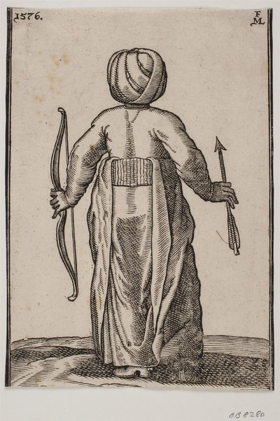 Arqueiro em pé, vista traseira; em v. entregar um arco, em h. entregar uma flecha de Melchior Lorck