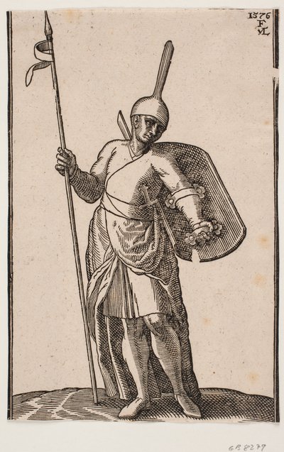 Soldado em pé, vista frontal; cocar com top alto e fino; na r. mão uma lança, na l. arma um escudo, visto de dentro de Melchior Lorck