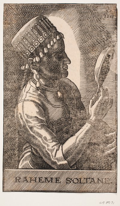 Retrato do sultão, espelhado, perfil à r.: RAHEME SOTANE. de Melchior Lorck