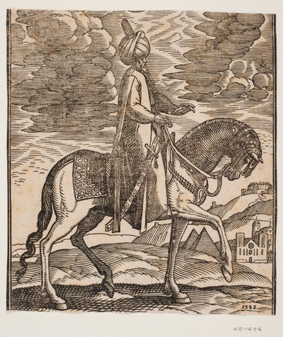 Cavaleiro de turbante, espada à direita, perfil para a direita; entre as patas dianteiras do cavalo, duas pirâmides aparecem de Melchior Lorck