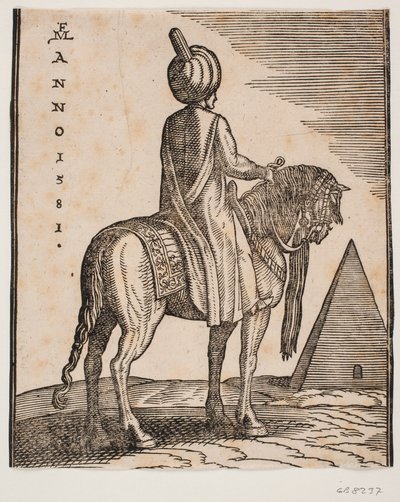 Cavaleiro desarmado, de turbante, visto obliquamente por trás; ou seja ao fundo uma pirâmide de Melchior Lorck
