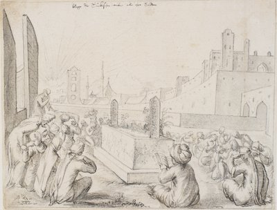 Mulheres turcas de luto em volta de uma lápide de Melchior Lorck