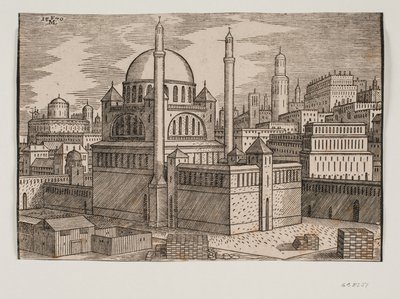 Mesquita não identificada com 2 minaretes, vista de nordeste; no canteiro de obras em primeiro plano com blocos de construção empilhados de Melchior Lorck