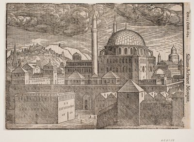 Mesquita não identificada com 2 minaretes, vista de sudeste; televisão. montanha com cidade fortificada de Melchior Lorck