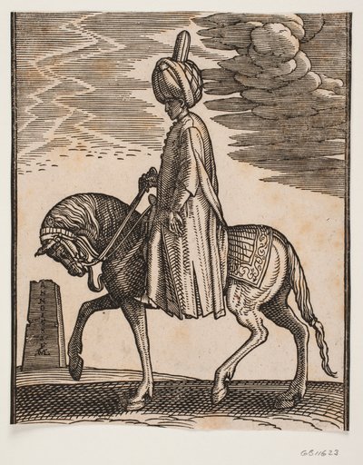 Cavaleiro de turbante desarmado, perfil para a esquerda; na frente do cavalo, um obelisco em ruínas de Melchior Lorck