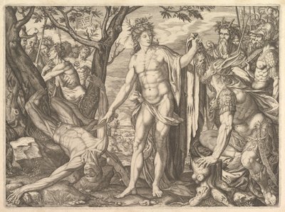 Apolo e Marsyas e o Julgamento de Midas: à direita Midas com os ouvidos de um asno resti..., 1581. de Melchior Meier