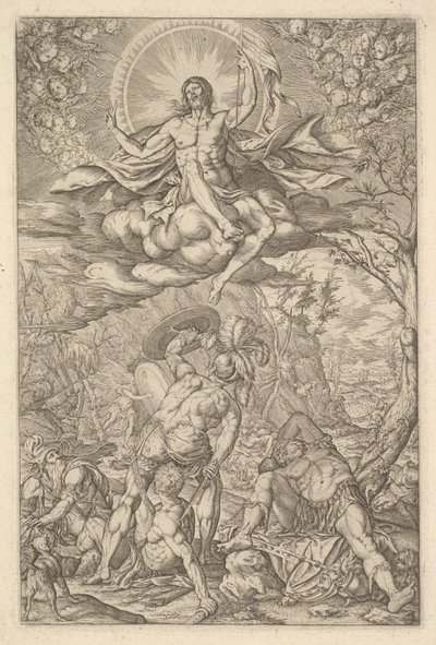 A Ressurreição de Cristo, englobada por uma auréola e nuvens com linhas de putti aladas a..., 1577. de Melchior Meier