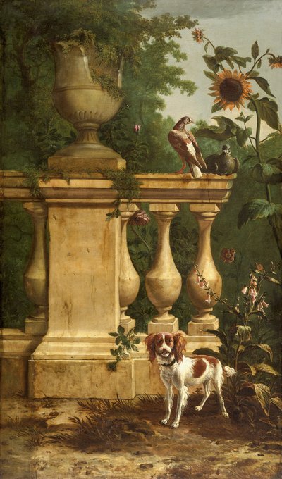 Pombos e um cachorro em um jardim, c1660-1690. de Melchior d