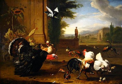 Um peru, galo e galo e outras aves exóticas num parque (óleo sobre tela) de Melchior de Hondecoeter