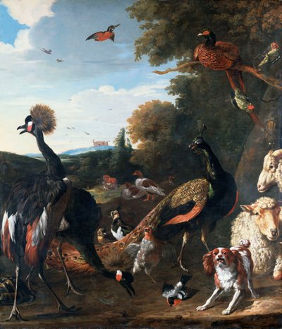 Pavões e outros pássaros, com uma ovelha e um cachorro em uma paisagem de Melchior de Hondecoeter