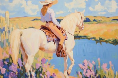 Cowgirl num cavalo branco de Melloi Art Prints