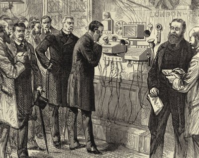 Abertura da linha telefónica anglo-inglesa. A primeira conversa telefónica entre Londres e Paris no General Post Office, em Londres. Foram utilizados instrumentos Bell na extremidade londrina. Gravura em madeira Paris, 28 de março de 1891. Gravura. de Melton (after) Prior