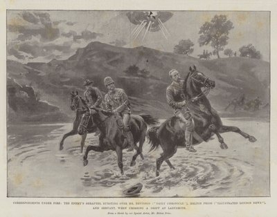 Correspondentes sob fogo, o estilhaço do inimigo explodindo sobre o Sr. Nevinson (Daily Chronicle), Melton Prior (Ilustrado London News) e Servant, ao cruzar um Drift em Ladysmith de Melton Prior