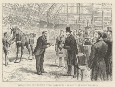 O London Horse Show, o Príncipe de Gales, apresentando Taça ao Sr. Moore por seu Hackney Horse Rufus de Melton Prior