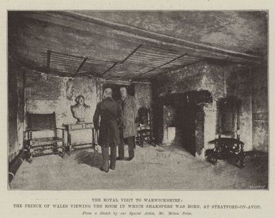 Visita Real a Warwickshire, o Príncipe de Gales, na sala em que Shakspere nasceu, em Stratford-on-Avon de Melton Prior