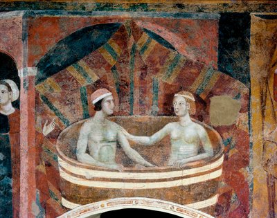 Cena da vida conjugal na Idade Média. Um casal a fazer a sua casa de banho num caixote do lixo. Detalhe. (fresco, início do século XIV) de Memmo di Filippuccio