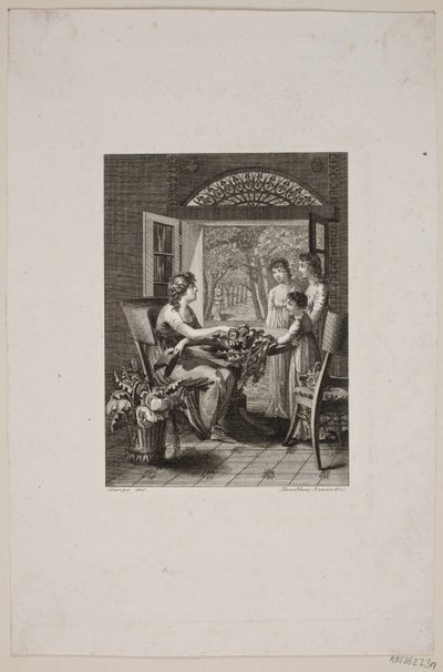 Ilustração com mulheres ao redor de uma mesa em uma sala de jardim de Meno Haas