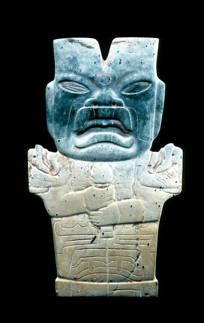 Placa antropomórfica, possivelmente a serpente de fogo, pré-colombiana, 800-400 aC (serpentina e cinábrio) de Mesoamerican Mesoamerican
