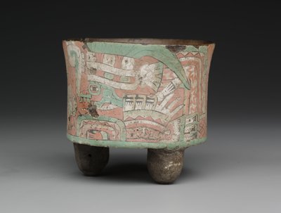 Recipiente de tripé cilíndrico com duas figuras com óculos, cAD 400 650 (cerâmica, estuque e tinta) de Mesoamerican Mesoamerican
