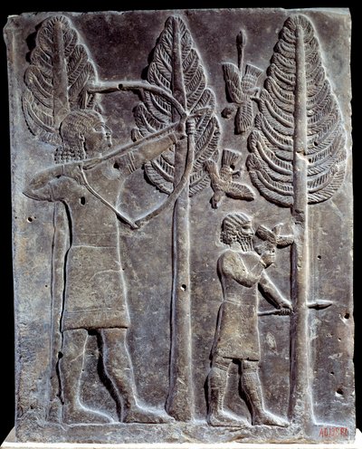 Cena de caça às aves. Baixo relevo em albastro do Palácio de Sargão II ou Sharroukin, Rei da Assíria até Khorsabad (Khunsabad) (Mesopotâmia), Iraque. 722-705 AC. Paris. Museu do Louvre de Mesopotamian Mesopotamian