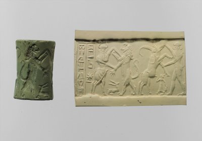 Selo cilíndrico de combate com impressão moderna c.2250-2150 a.C. (albite) de Mesopotamian Mesopotamian