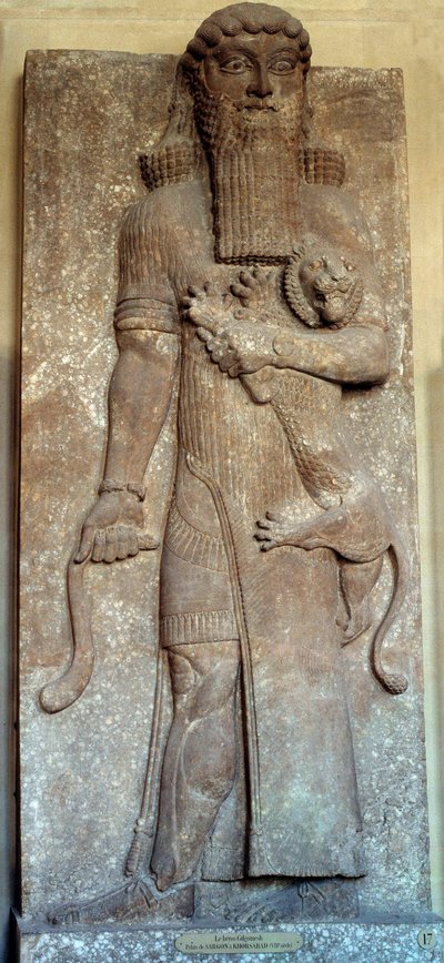 Mesopotâmia: "Estátua de Sargon dominando um leão" disse "Gilgamesh" Corte Khorsabad (Khunsabad) século 8. Paris, Museu do Louvre de Mesopotamian Mesopotamian