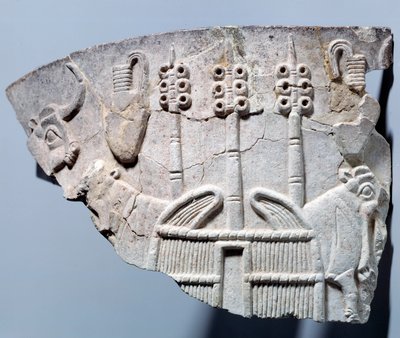 Mesopotâmia: cena estável em relevo sobre um fragmento de vaso esculpido no estilo de Uruk. Região Suméria. 3300 AC. Paris, Museu do Louvre de Mesopotamian School