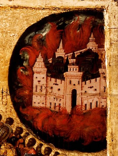 Abençoado Seja o Anfitrião do Rei dos Céus Detalhe: Fogo em Kazan, 1550s de Metropolitan of Moscow Athanasius