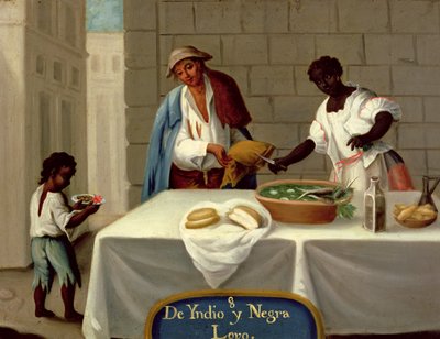 Um homem índio americano e a sua mulher negra, de uma série sobre casamentos entre raças mistas no México de Mexican School