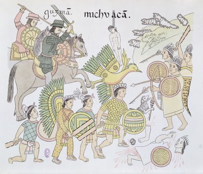Batalha de Michoacán entre os espanhóis e os astecas, ilustração de um fac-símile de uma história de quadros de índios mexicanos Lienzo de Tlaxcala de c.1550, 1892 de Mexican School
