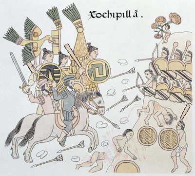 Batalha de Xochipilla entre os espanhóis e os astecas, ilustração de um fac-símile de uma história de imagem indiana mexicana Lienzo de Tlaxcala de c.1550, 1892 de Mexican School