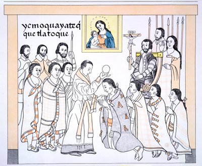 Caciques recebendo a comunhão de um padre na casa de Hernando Cortes (1485-1547), ilustração de um fac-símile de uma história de imagens de um índio mexicano Lienzo de Tlaxcala de c.1550, 1892 (cor acesa de Mexican School