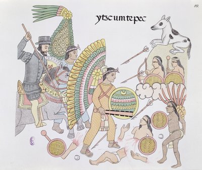 Hernando Cortes (1485-1547), sob cerco em Tenochtitlan, resolve abandonar a cidade, ilustração de um fac-símile de uma história de imagens de um índio mexicano Lienzo de Tlaxcala de c.1550, 1892 (cor litho de Mexican School