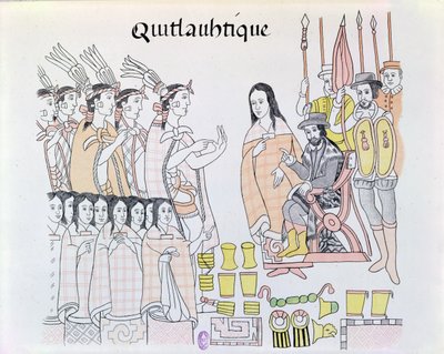 La Malinche (Dona Marina) atuando como intérprete durante a apresentação de mulheres e ouro por Montezuma (1466-1520) para Hernando Cortes (1485-1547) ilustração de um fac-símile de um índio mexicano pict de Mexican School