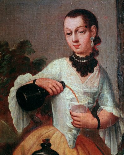 Senhora derramando vinho em um copo (Senhora derramando vinho em um copo) Detalhe da tela, pintura da escola mexicana de Mexican School