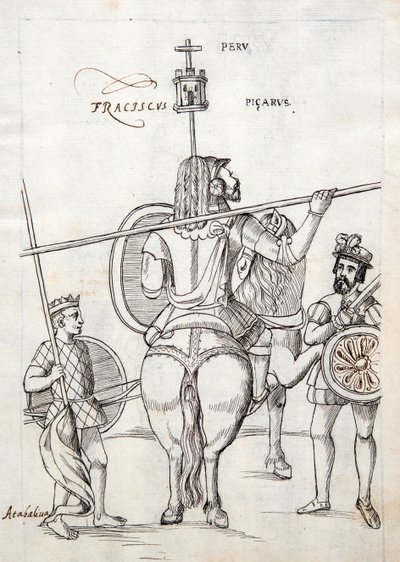 MS Hunter 242 f.248r Picarus, ou Pizarro, e cavalo de guerra, ilustração da Historia de Tlaxcala de Diego Muñoz Camargo de Mexican School