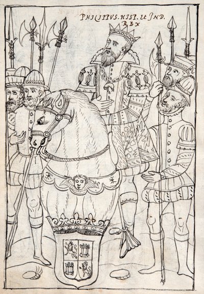 MS Hunter 242 f.249v Philip II sentado a cavalo, usando a ordem do Velocino de Ouro, cercado por homens de armas, ilustração da Historia de Tlaxcala de Diego Munoz Camargo (caneta e tinta) de Mexican School