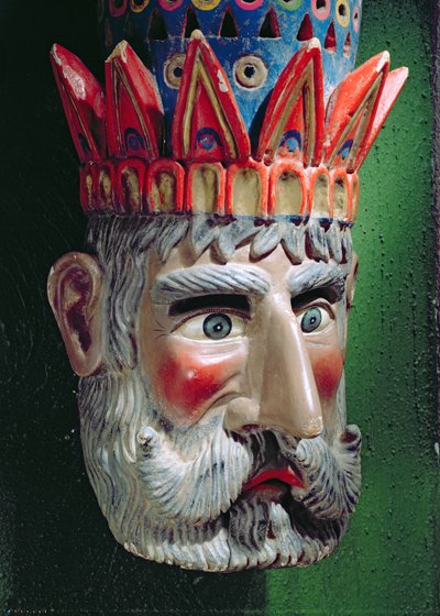 Máscara de um rei mago usado em procissões para celebrar a festa da Epifania no México em 6 de janeiro (madeira pintada) de Mexican School