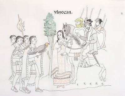 Encontro de Hernando Cortes (1485-1547) e os astecas, ilustração de um fac-símile de uma história do índio mexicano Lienzo de Tlaxcala de c.1550, 1892 de Mexican School