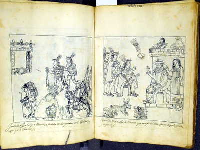 Ms Hunter 242 256v-257r Cortez e Montezuma, da Historia de Tlaxcala por Diego Munoz Camargo de Mexican School
