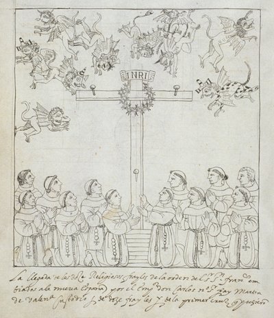 Ms Hunter 242 f.239v A Construção da Primeira Cruz, da Historia de Tlaxcala de Diego Muñoz Camargo de Mexican School