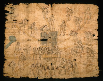 Página do Codex San Pedro Atlapolco, Nahua (tinta e aquarela sobre papel amate) (ver também 499243) de Mexican School