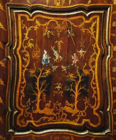 Armário de madeira de linho estilo rococó com incrustações e base policromada, período colonial de Mexican School