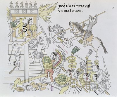 A queimadura dos ídolos por Hernan Cortes, ilustração de um fac-símile de uma história de imagem indiana mexicana Lienzo de Tlaxcala de c.1550, 1892 (gravura a cores) de Mexican School