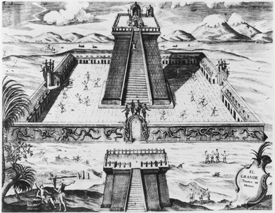 O Templo Mayor em Tenochtitlan, de "Historia de Nueva Espana", 1770 de Mexican School
