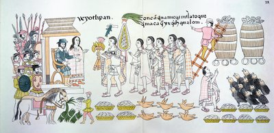 O cacique de Tlaxcalan, Maxixcatzin, apresenta um buquê de rosas e outros presentes a Hernando Cortes (1485-1547) como sinais de boas-vindas, ilustração de um fac-símile de uma história da imagem do índio mexicano. de Mexican School